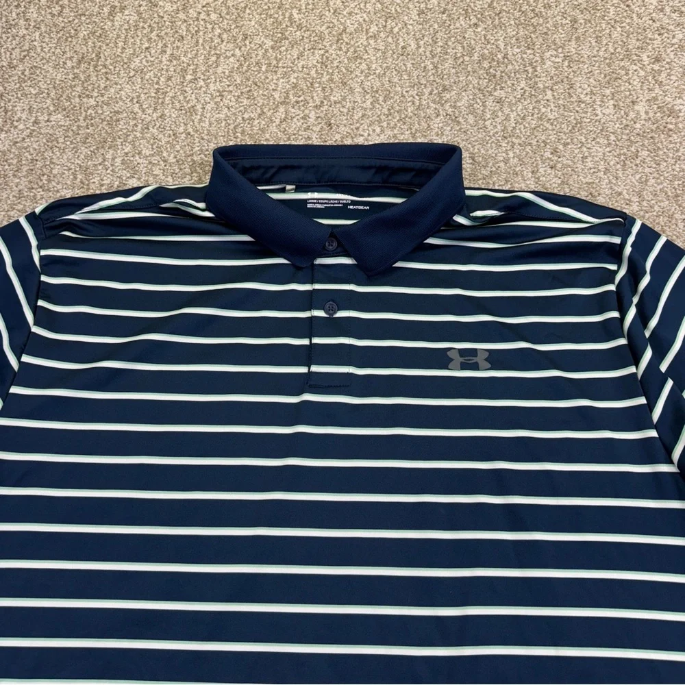 Under Armour Blue White Green Striped Polo Shirt Mens Size 2XL Heatgear - Picture 1 of 10